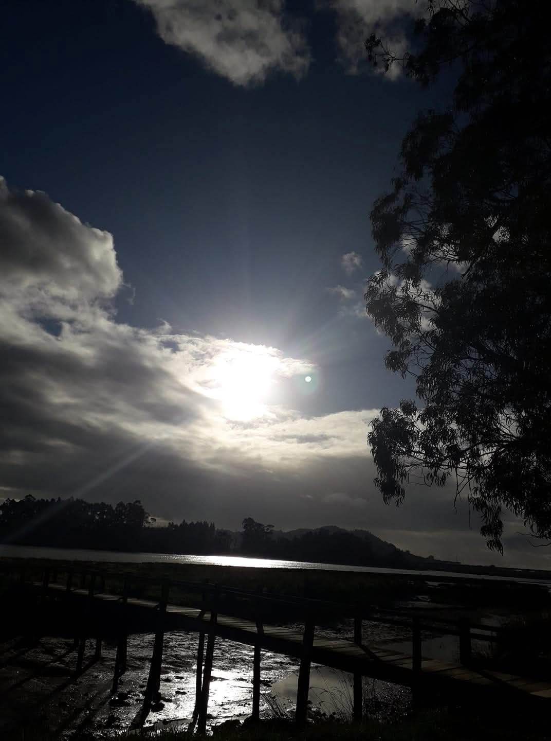 Pôr-do-sol sobre o Rio Lima visto de um pontão de madeira